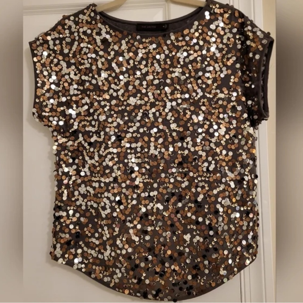 SMALL THE LIMITED Olive Green Blouse Top Gold Silver Sequins Sleveless Relaxed - Picture 6 of 16